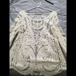 See through cream lace top